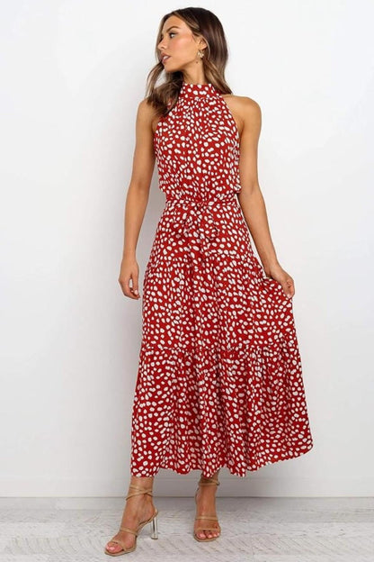 Robe Femme Longue imprimée avec col en ruban et ceinture taille