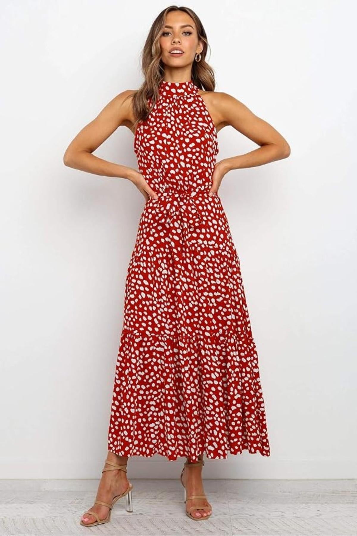 Robe Femme Longue imprimée avec col en ruban et ceinture taille