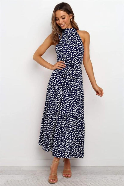 Robe Femme Longue imprimée avec col en ruban et ceinture taille