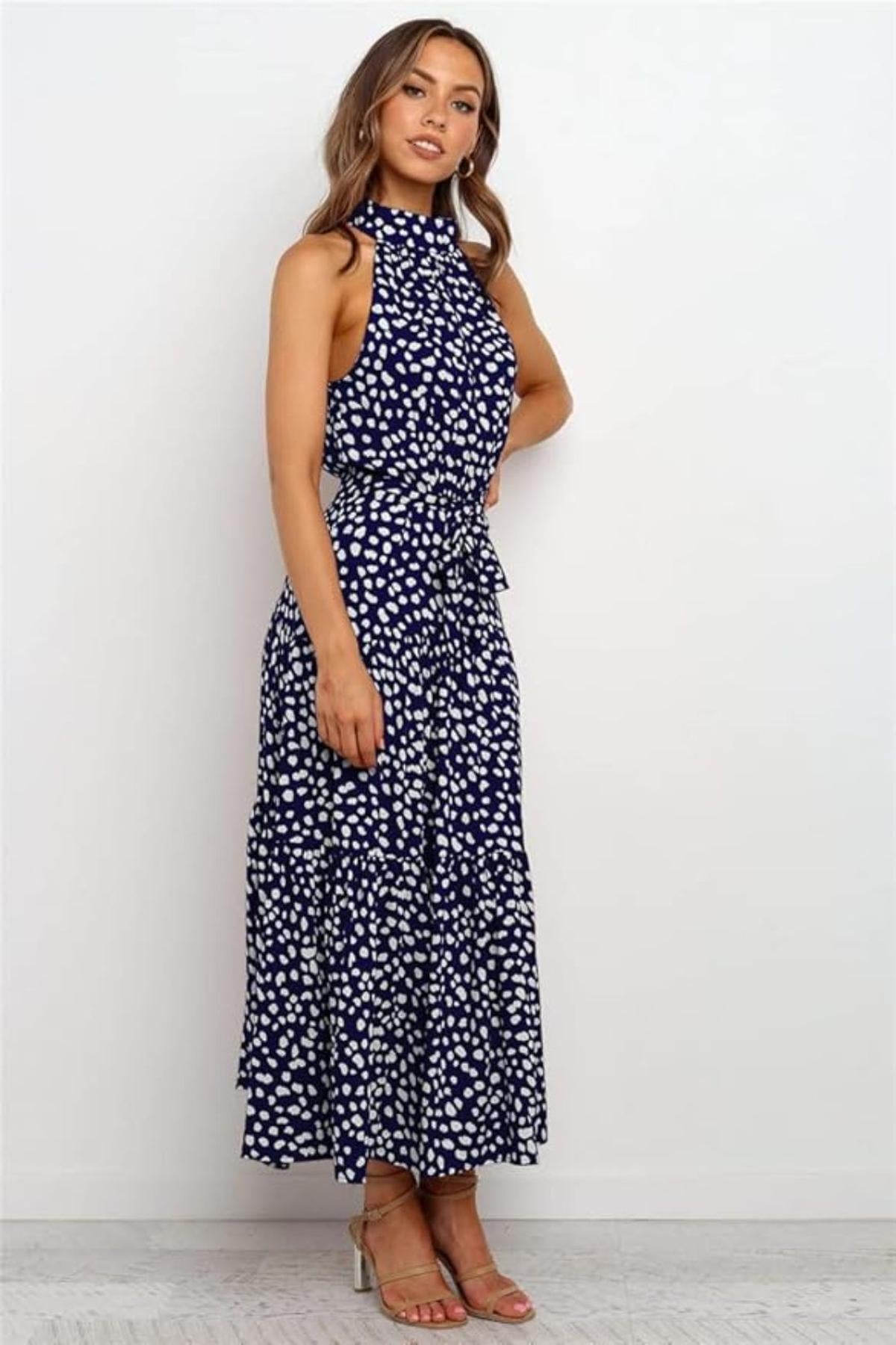 Robe Femme Longue imprimée avec col en ruban et ceinture taille