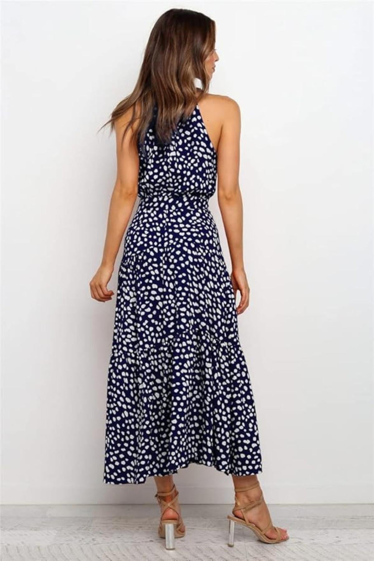 Robe Femme Longue imprimée avec col en ruban et ceinture taille