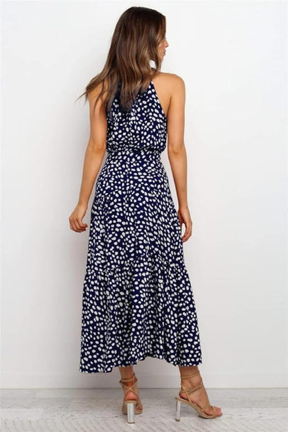 Robe Femme Longue imprimée avec col en ruban et ceinture taille