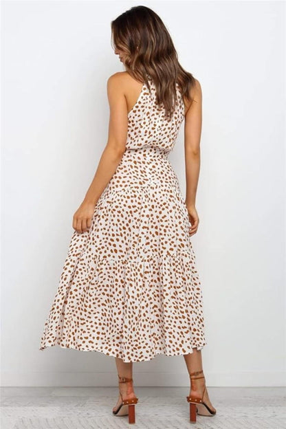 Robe Femme Longue imprimée avec col en ruban et ceinture taille