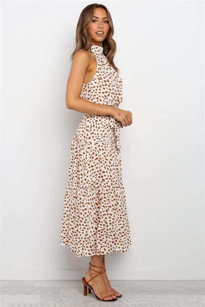 Robe Femme Longue imprimée avec col en ruban et ceinture taille