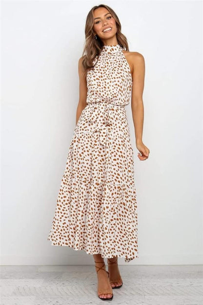 Robe Femme Longue imprimée avec col en ruban et ceinture taille