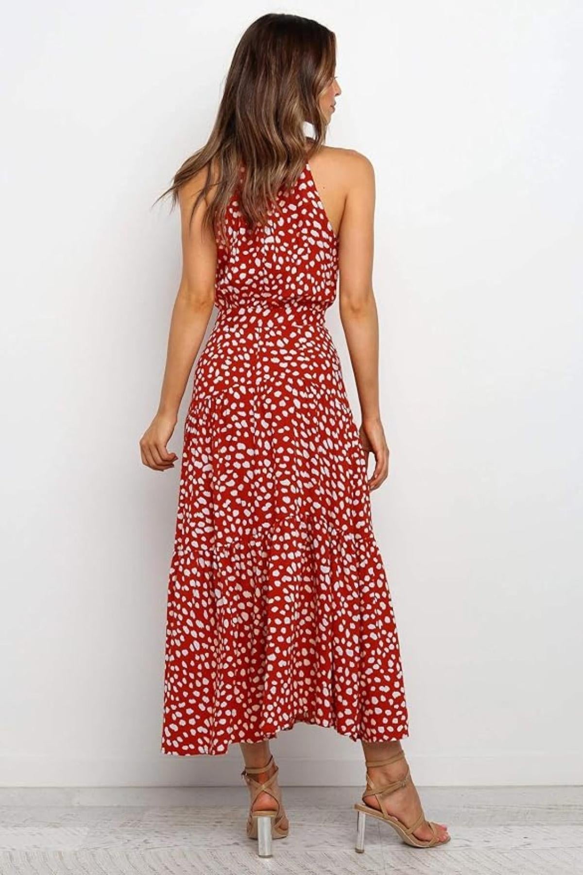 Robe Femme Longue imprimée avec col en ruban et ceinture taille