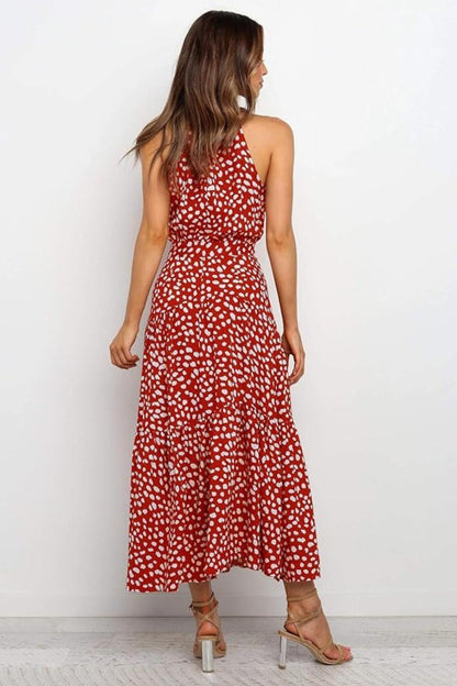 Robe Femme Longue imprimée avec col en ruban et ceinture taille