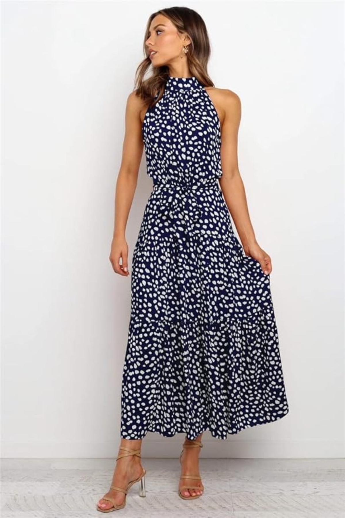 Robe Femme Longue imprimée avec col en ruban et ceinture taille - BerlinGlamour