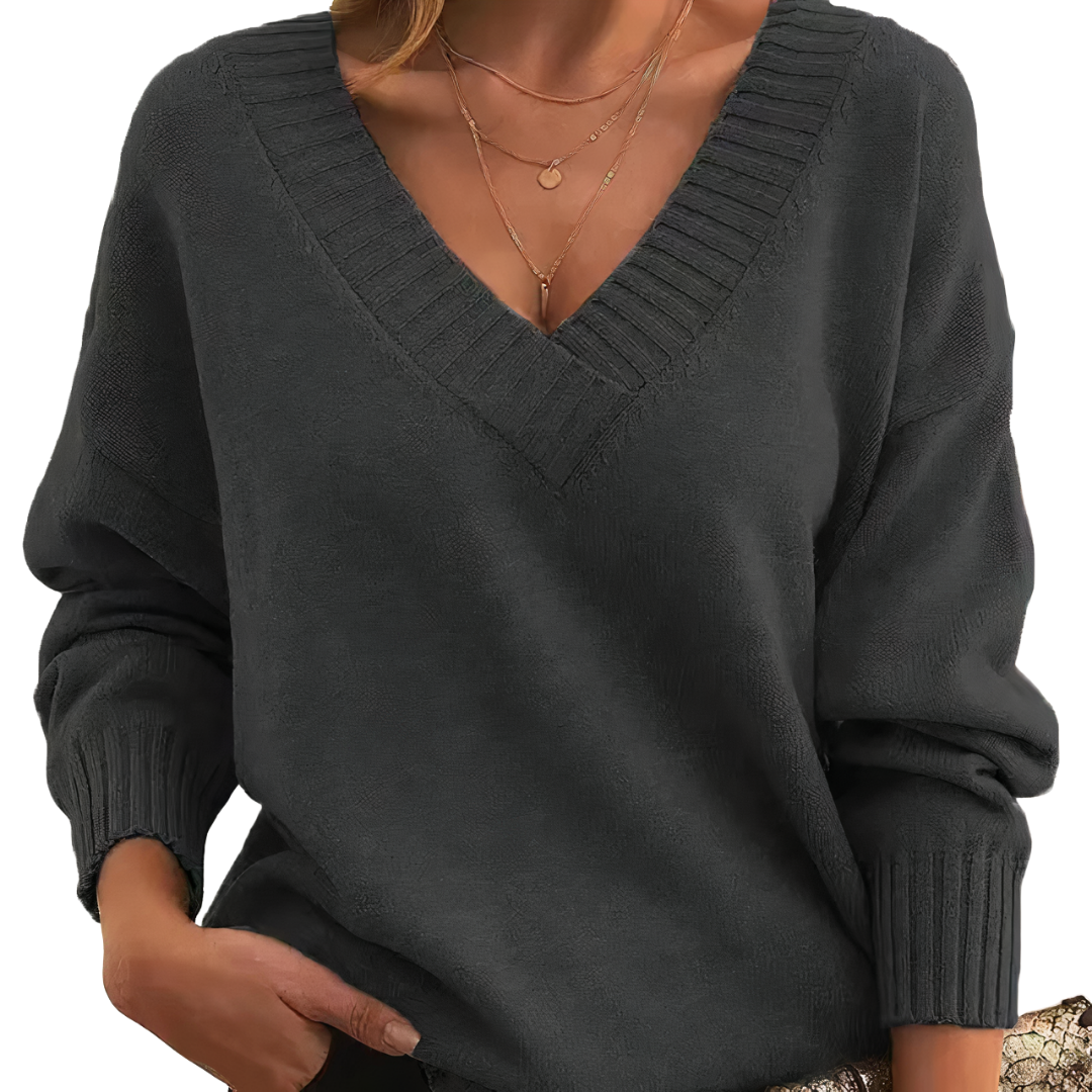 Pull Féminin Col V Manches Longues Noir Élégant - PanierRoyale