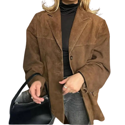 Veste en cuir femme classique marron avec boutons - PanierRoyale