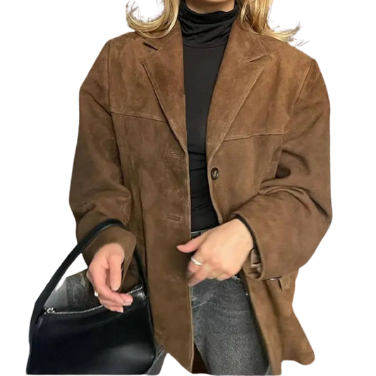 Veste en cuir femme classique marron avec boutons - PanierRoyale