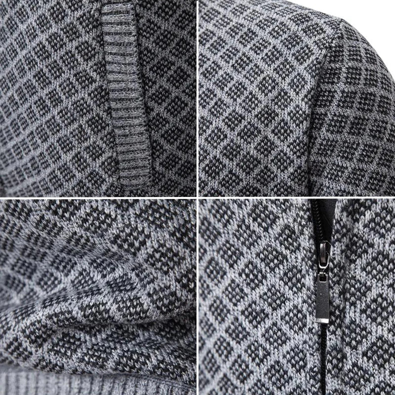 Cardigan Homme Tricot Jacquard Losangé Zippé Col Montant
