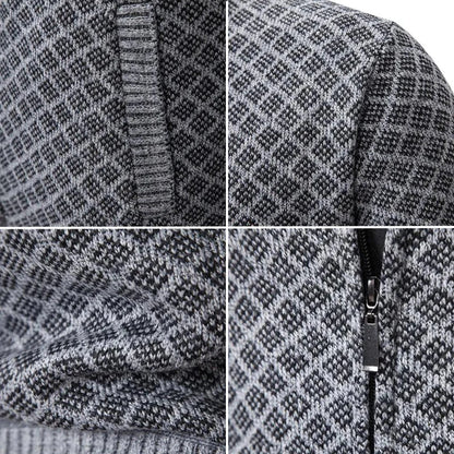 Cardigan Homme Tricot Jacquard Losangé Zippé Col Montant