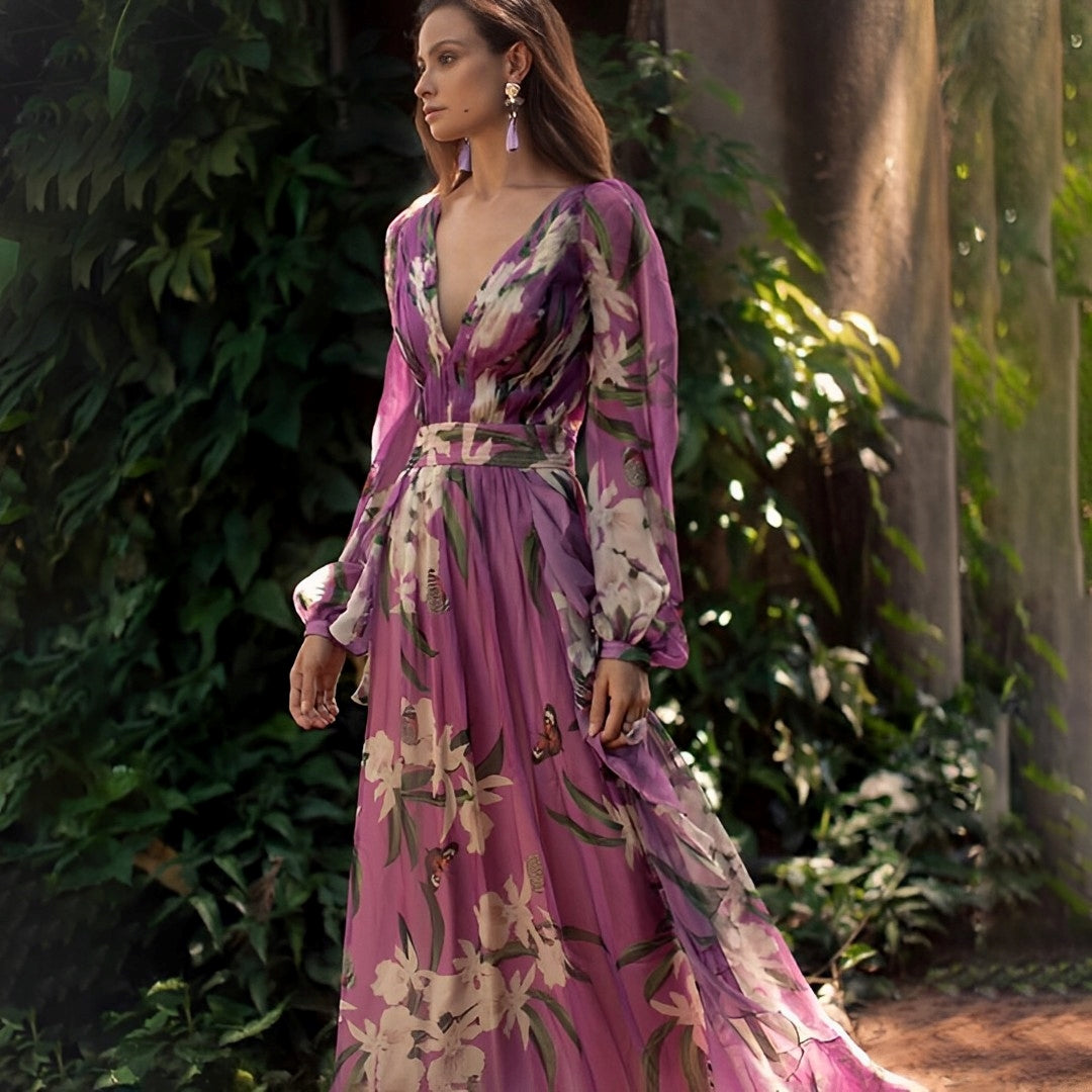 Robe Maxi Femme à Fleur V Décolleté Confortable - BerlinGlamour