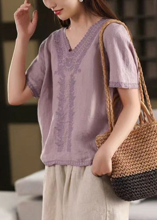 Light Purple Loose Linen Summer Tees - EasyApparels