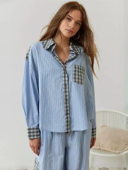 Pyjama à Carreaux Décontracté avec Chemise et Pantalon Large pour Détente