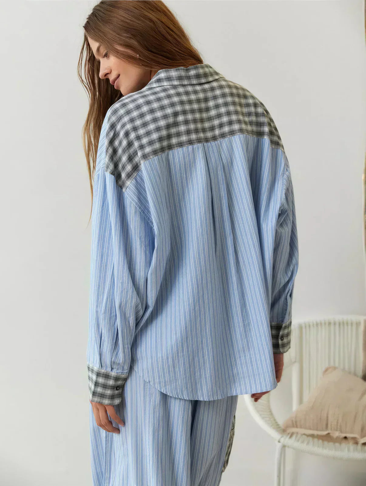 Pyjama à Carreaux Décontracté avec Chemise et Pantalon Large pour Détente