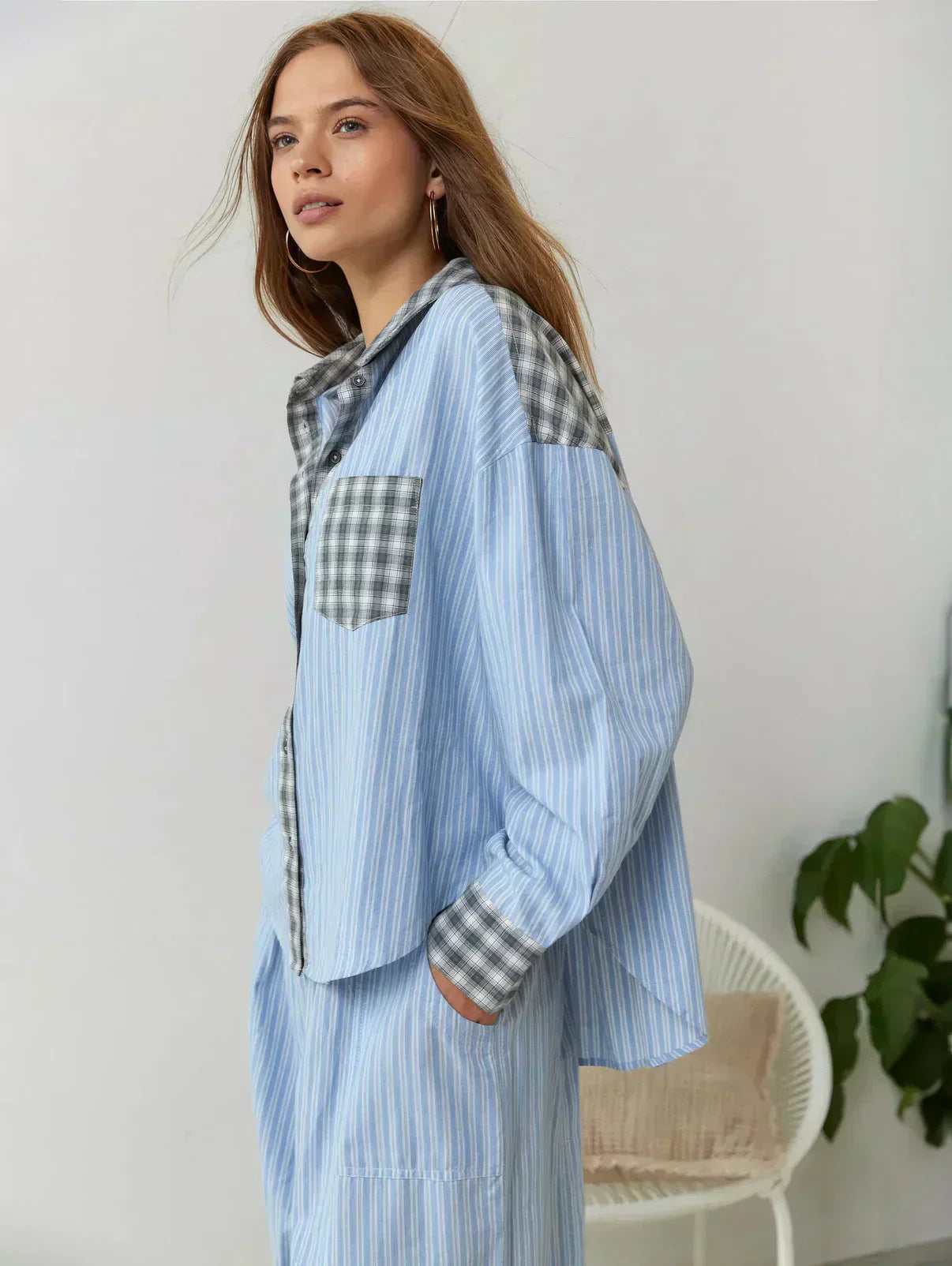 Pyjama à Carreaux Décontracté avec Chemise et Pantalon Large pour Détente