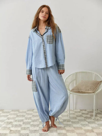 Pyjama à Carreaux Décontracté avec Chemise et Pantalon Large pour Détente