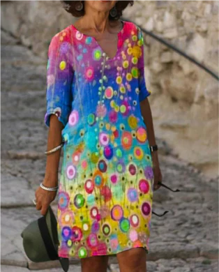 Robe Femme Manches Longues Imprimé Abstrait Élégant