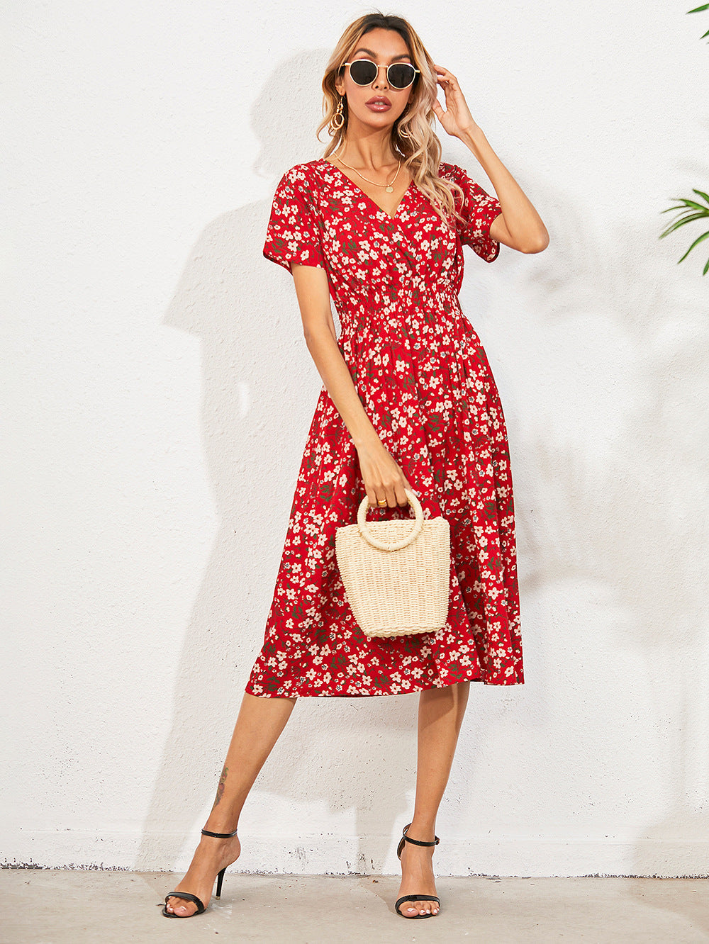 Robe Femme Florale Chiffon avec Manches Bouffantes