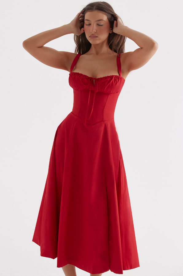 Robe Corsage Rouge en A-Ligne avec Fente sur le Côté