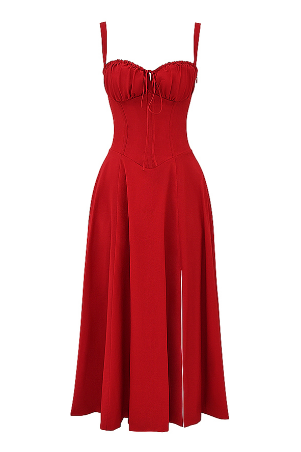 Robe Corsage Rouge en A-Ligne avec Fente sur le Côté