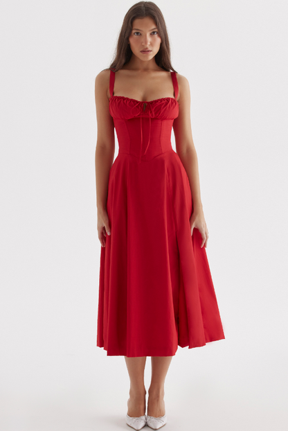 Robe Corsage Rouge en A-Ligne avec Fente sur le Côté
