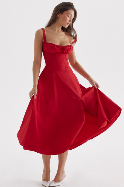 Robe Corsage Rouge en A-Ligne avec Fente sur le Côté