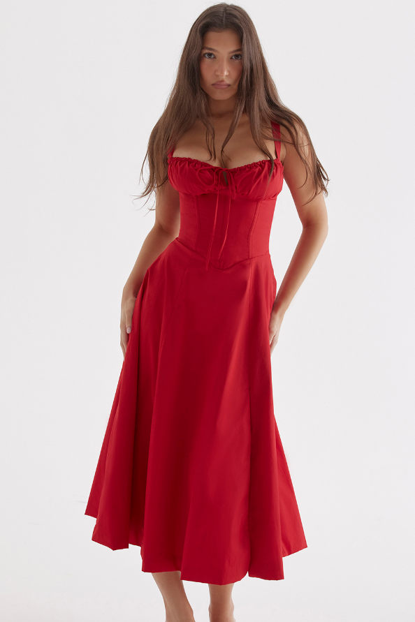 Robe Corsage Rouge en A-Ligne avec Fente sur le Côté
