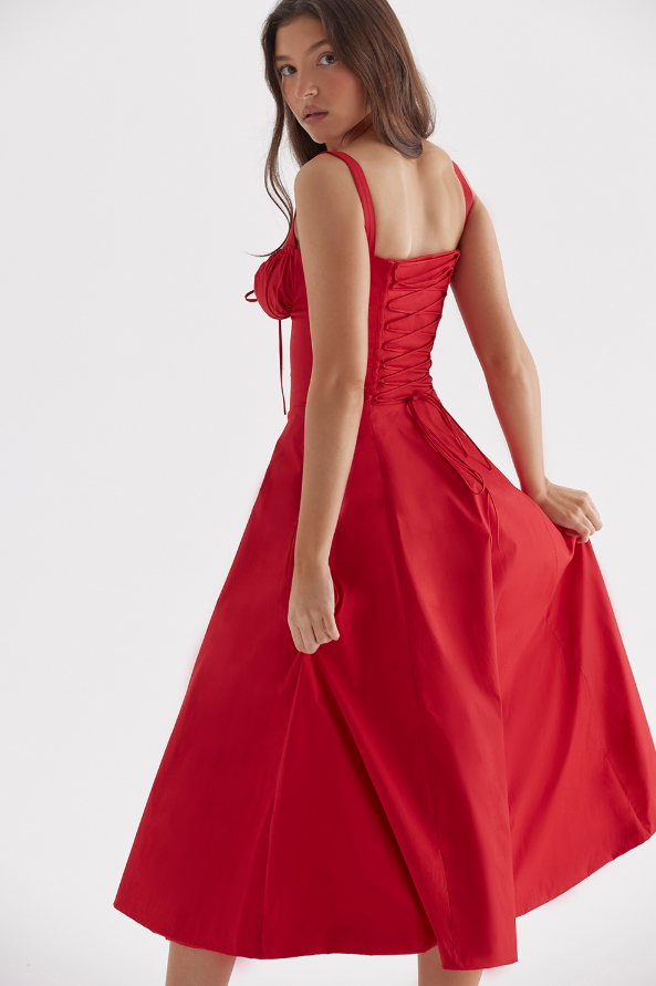 Robe Corsage Rouge en A-Ligne avec Fente sur le Côté