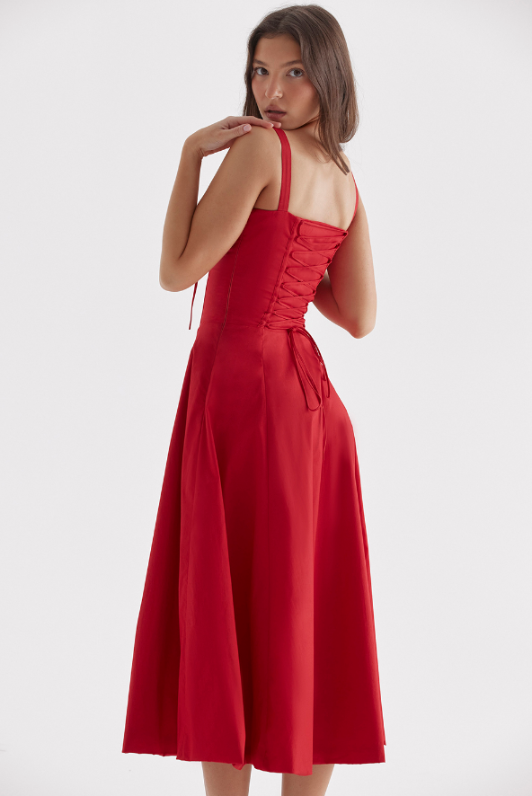 Robe Corsage Rouge en A-Ligne avec Fente sur le Côté