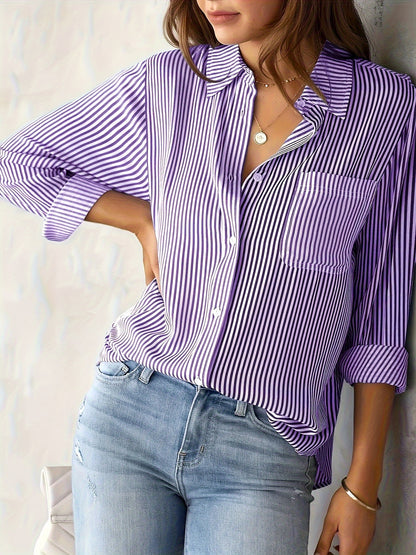 Rayelune™ – Chemise Femme Rayée Chic à Manches Longues Décontractée