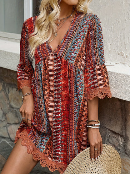 Rayzella™ – Robe Bohème Chic à Manches 3/4 Colorée et Fluide pour Été