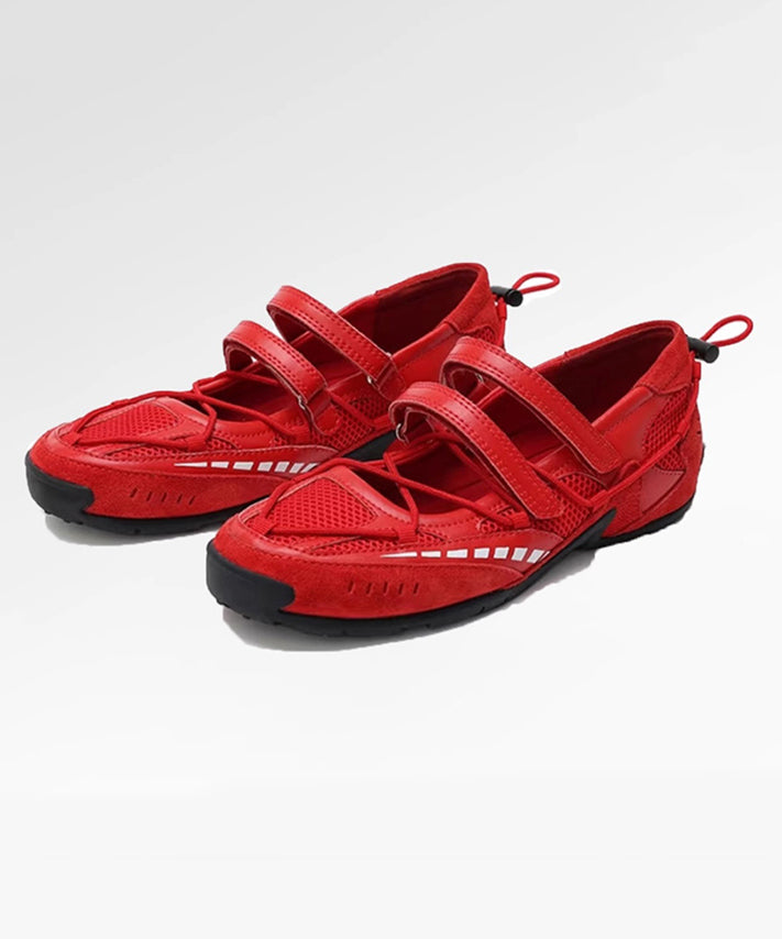 Red Synthetic Leather Flat Sports Shoes with Buckle Strap - EasyApparels