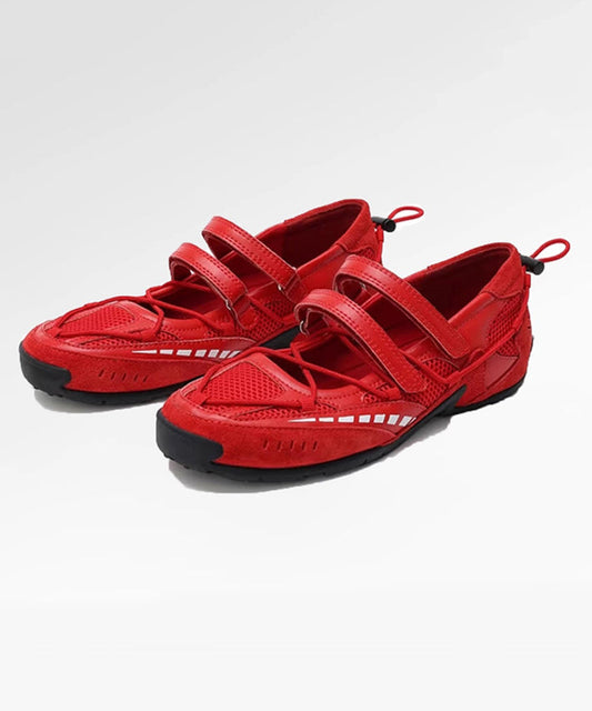 Red Synthetic Leather Flat Sports Shoes with Buckle Strap - EasyApparels