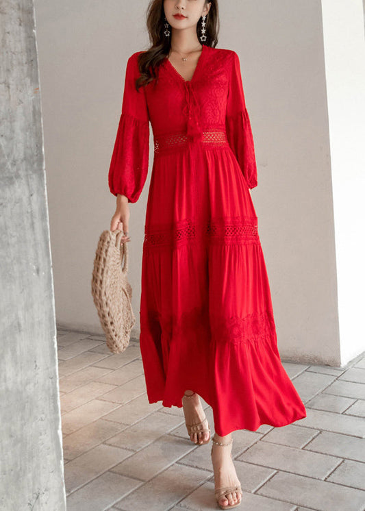 Robe rouge élégante à lacets et décolleté profond - EasyApparels