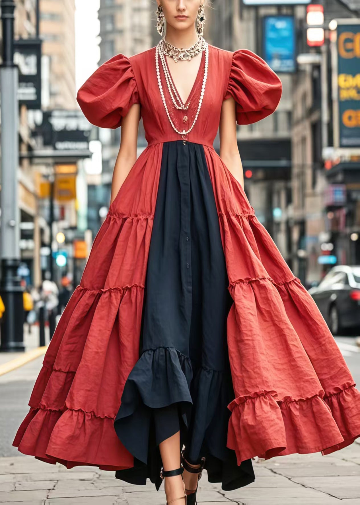 Robe rouge coton patchwork élégante avec ourlet large - EasyApparels