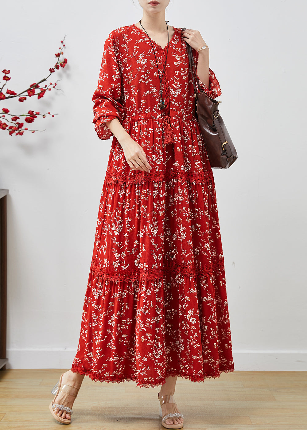 Robes en coton rouge avec ourlet élargi et taille cintrée - EasyApparels