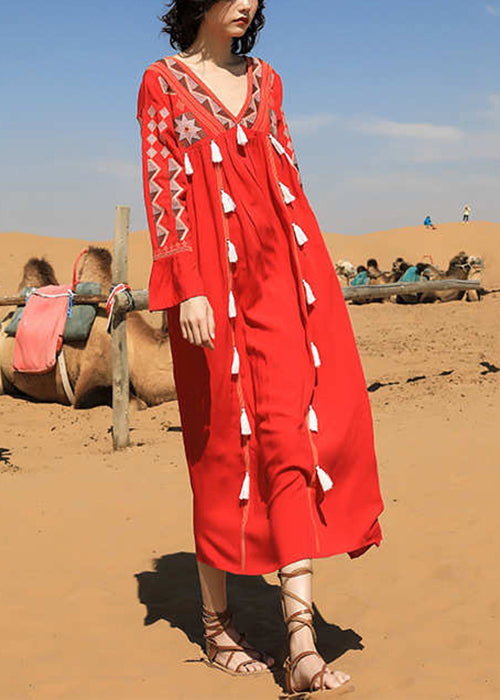 Douce robe rouge coton patchwork à col V - EasyApparels