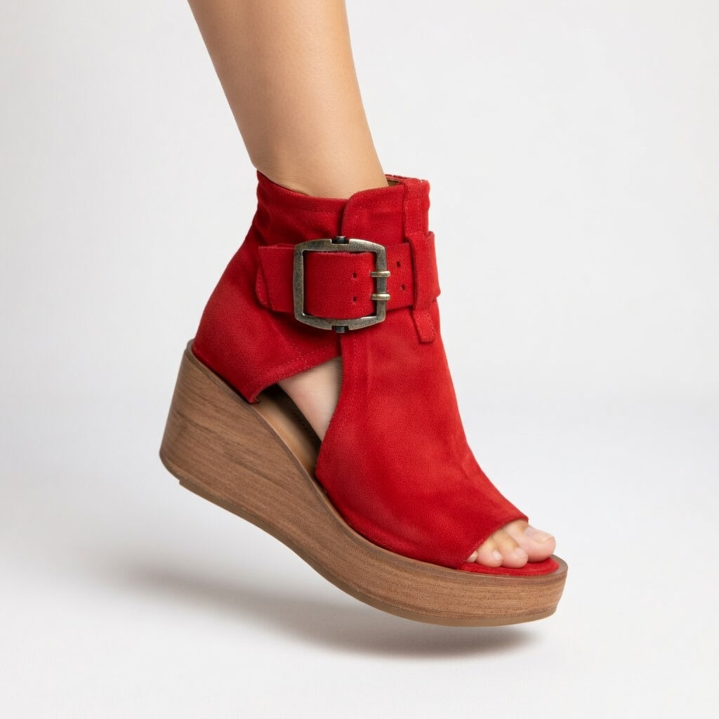 Sandales Compensées Femme Daim Bout Ouvert Boucle Métal Semelle Bois