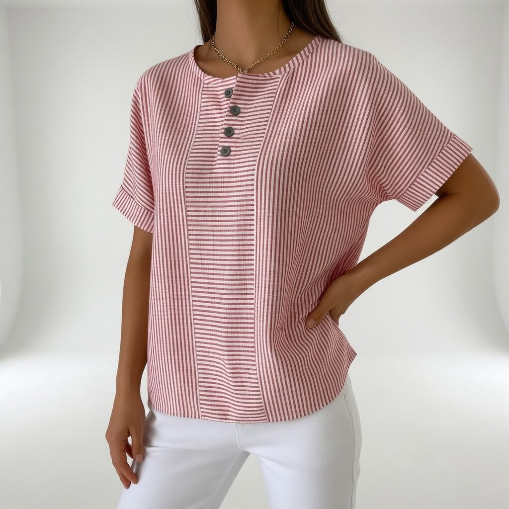 Chemisier Femme Lin Rayé Manches Courtes Col Rond Boutonné - PanierRoyale