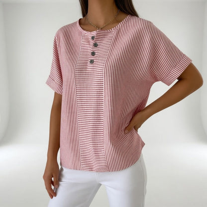 Chemisier Femme Lin Rayé Manches Courtes Col Rond Boutonné - PanierRoyale