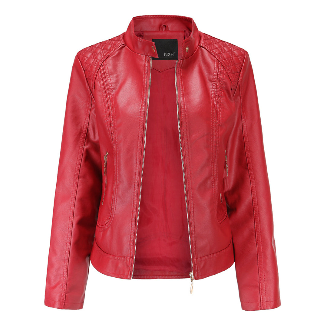 Veste en Cuir pour Femme Élégante avec Col Montant et Fermeture Éclair