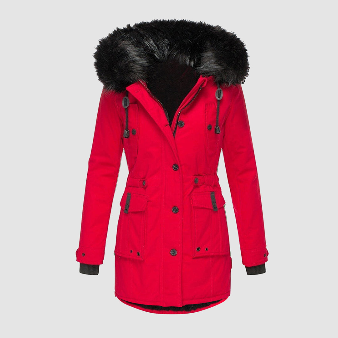 Manteau femme hivernal épais avec capuche fourrure synthétique