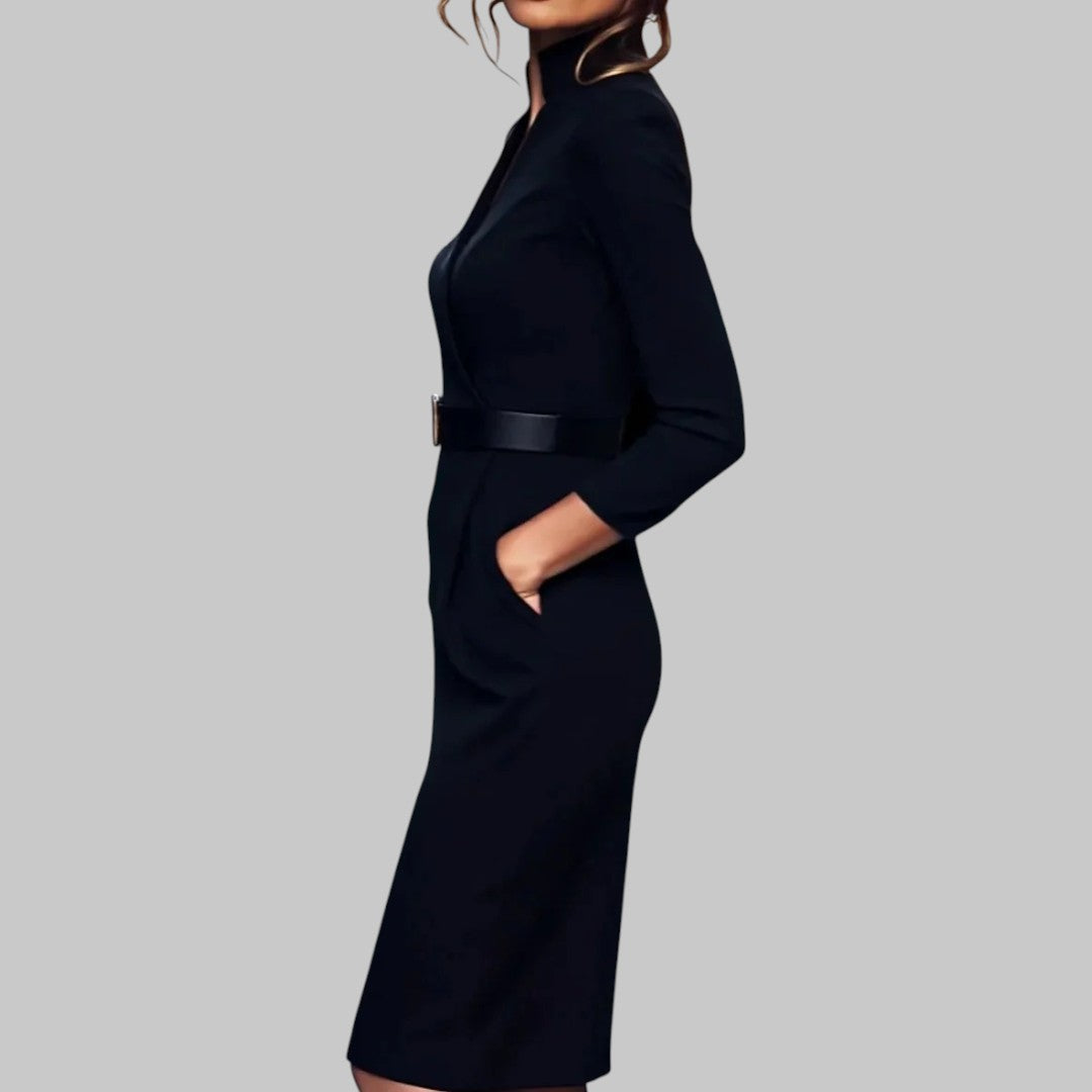 Robe Femme Mi-Longue Manches Longues Ceinture Tailleur