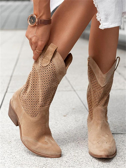 Bottes Femme Western Chic Blanc Talon Bas Décontractées