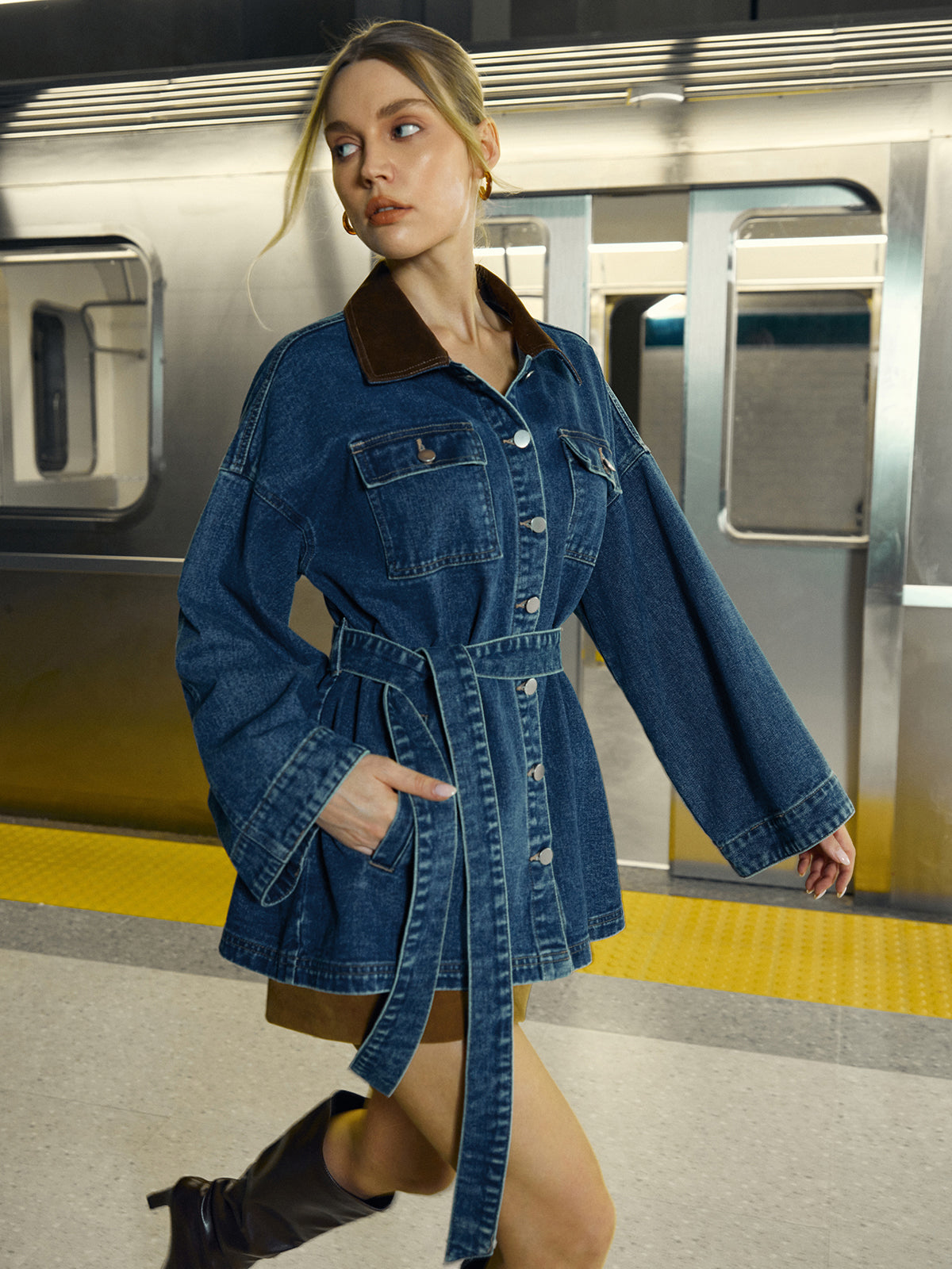 Veste longue Femme en Denim Ceinture Coupe Structurée - PanierRoyale