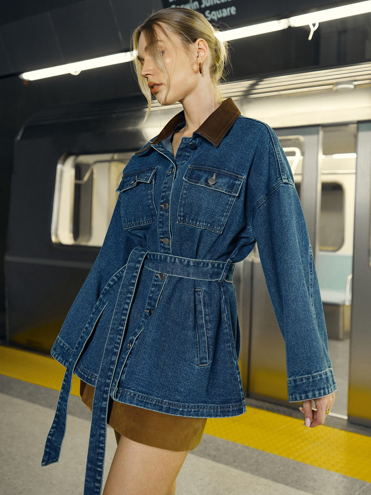 Veste longue Femme en Denim Ceinture Coupe Structurée