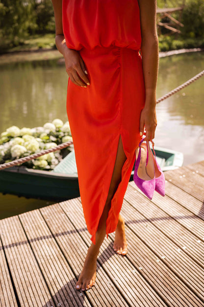 Robe midi Femme Sans Manches Encolure Haute Fente Estivale